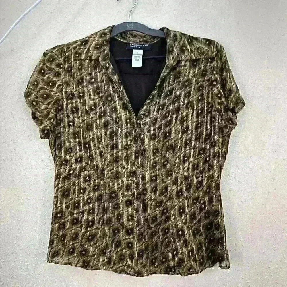 Jones New York Collection Woman 100% Silk Blouse Fall Colors Lined Sz 8 Y2K